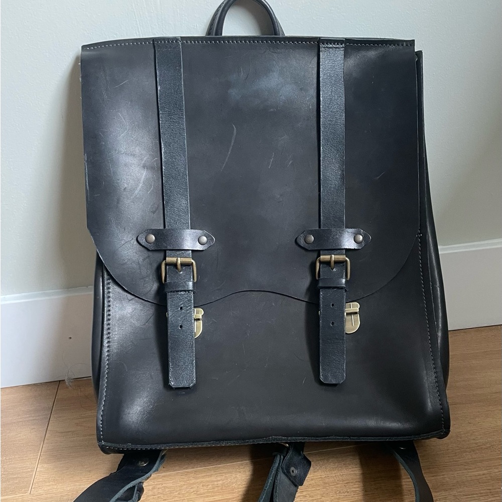 Diržas Handmade Genuine Leather Backpack Black Minimalist - Picture 4 of 10